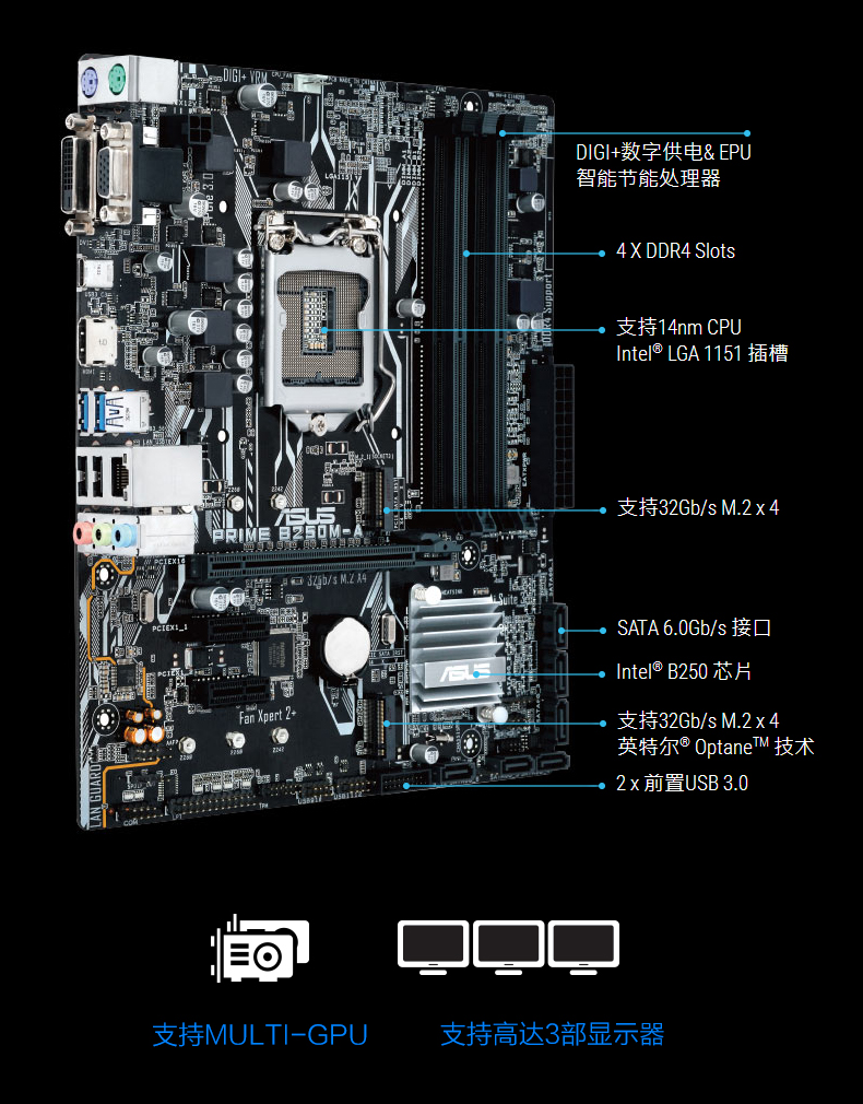 asus/华硕 b250m-a台式机电脑游戏主板支持g4560 i5 7500 cpu